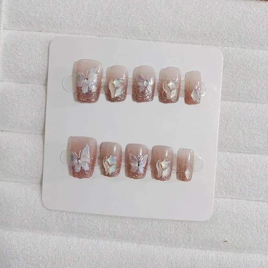 Unhas Postiças Borboleta com Strass, Formato Curto Coffin, 10 Pçs
