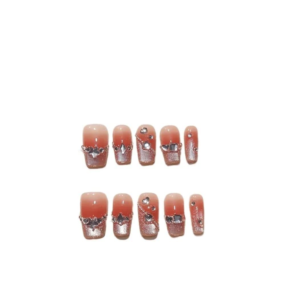 Unhas Postiças Curtas Quadradas com Ponta Francesa Blush Olho de Gato e Strass