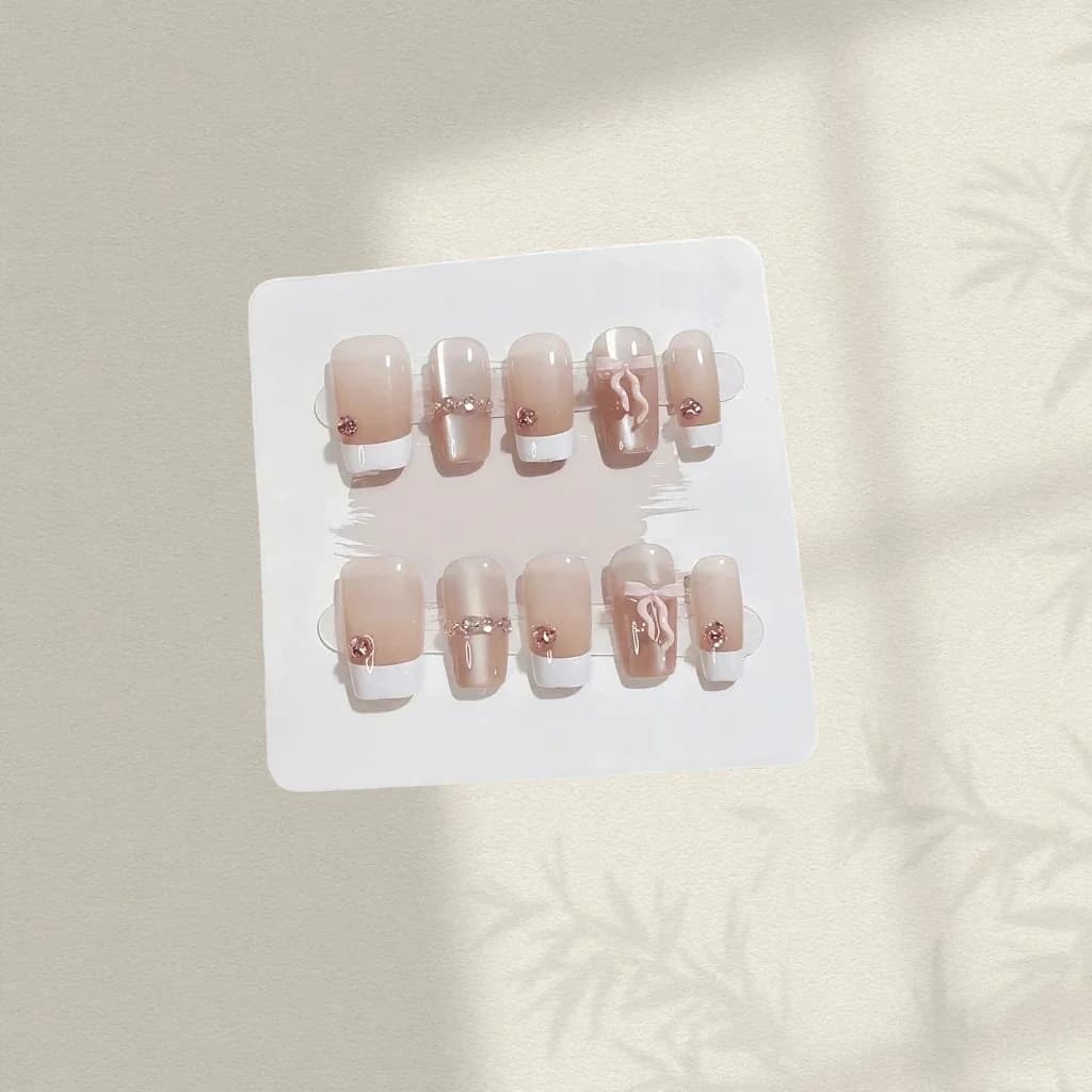 Unhas Postiças Laço Rosa Curto Coffin Ponta Francesa Kit de Manicure