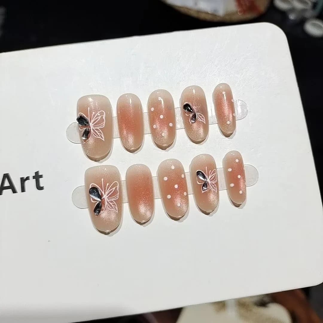 Unhas Postiças Olho de Gato com Contas de Vidro e Strass