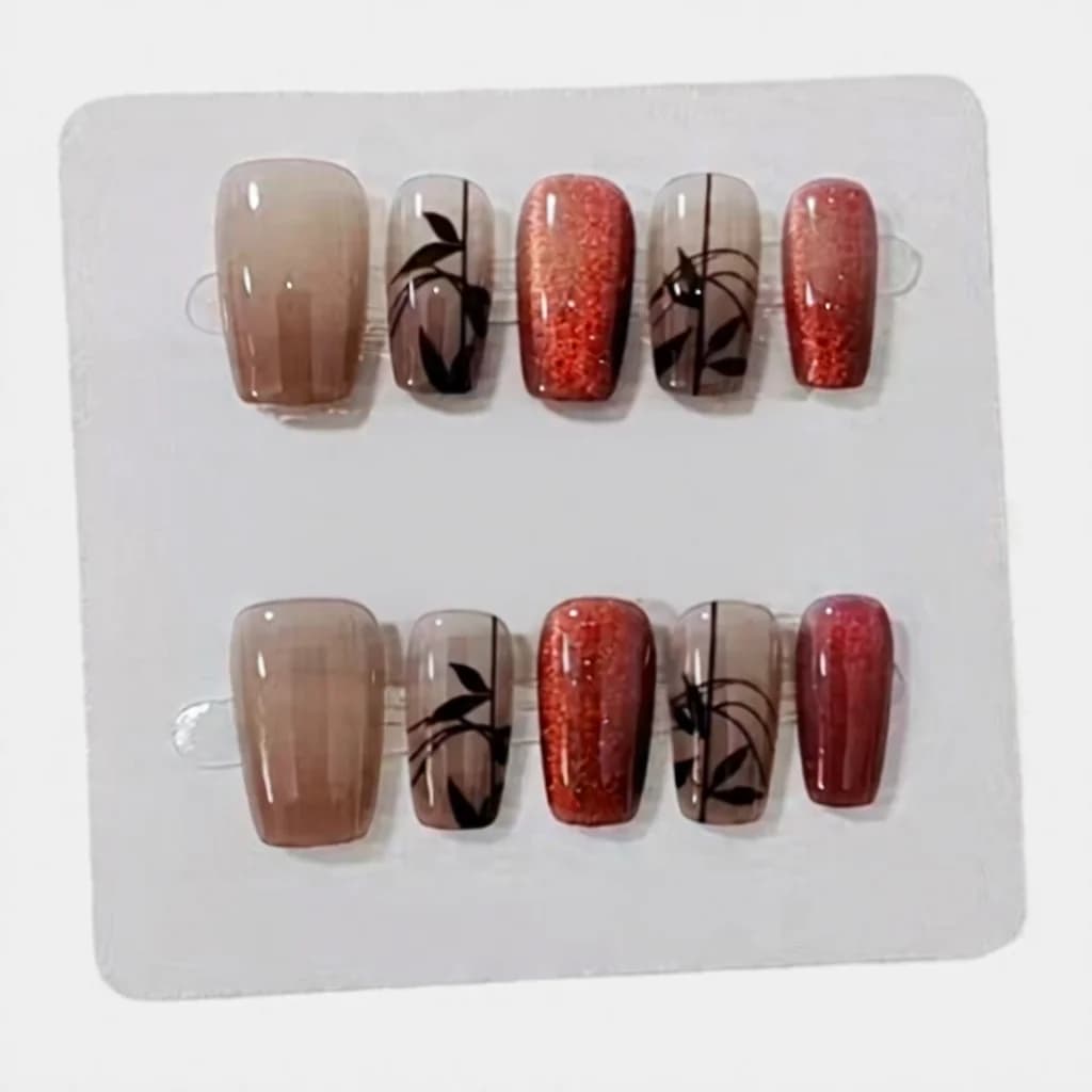 Unhas Postiças Cat Eye Bambu Vermelho, Quadradas Curtas com Glitter