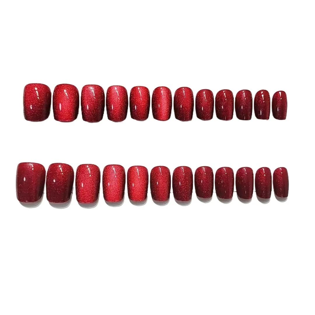 Unhas Postiças Cat Eye Vermelhas, Formato Coffin Curto e Médio