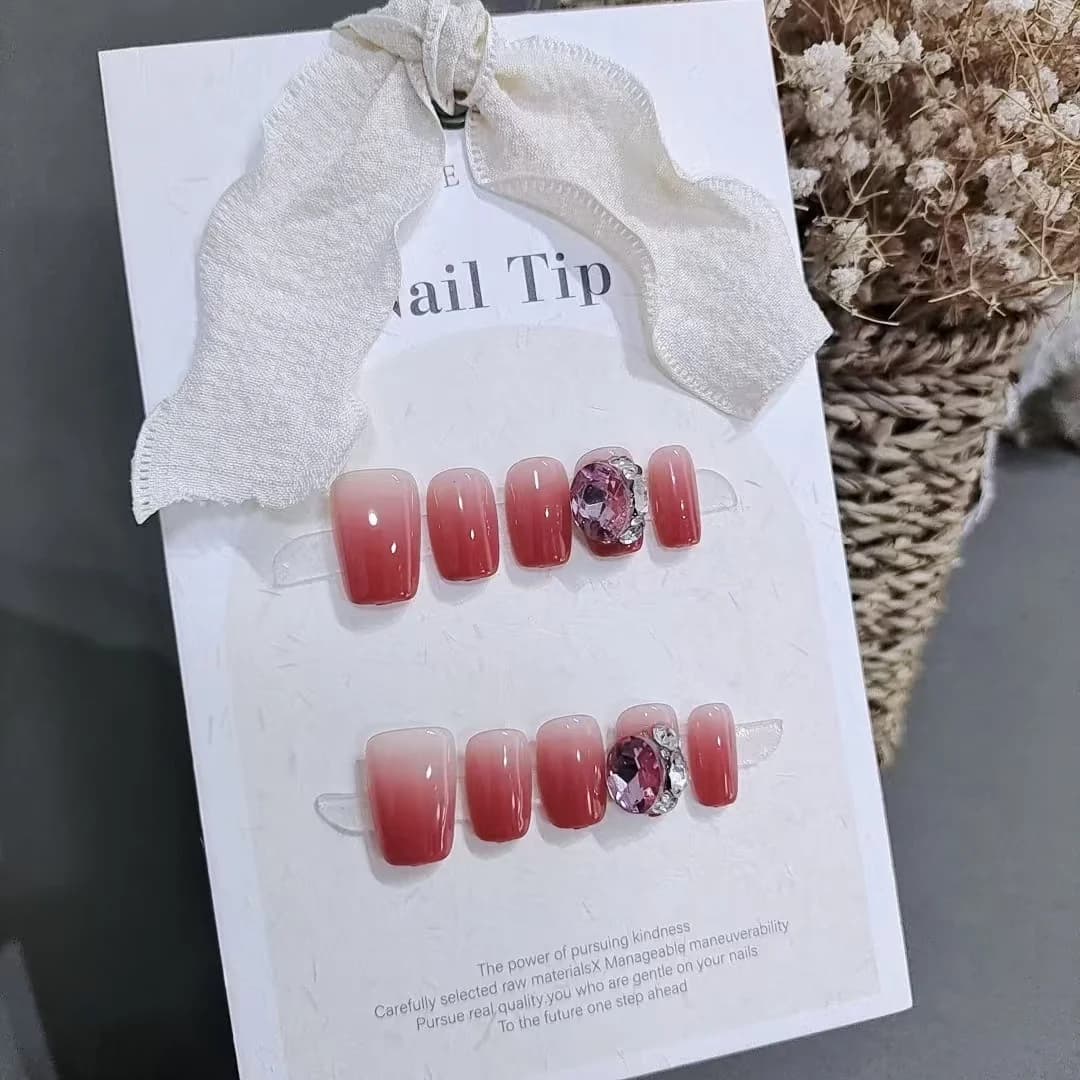 Unhas Postiças Gradiente Floresta de Rosas com Grandes Strass, Formato Curto Coffin