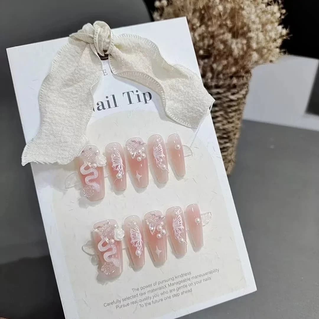 Unhas Postiças Design Floral Cobra Rosa Borboleta Formato Coffin Médio