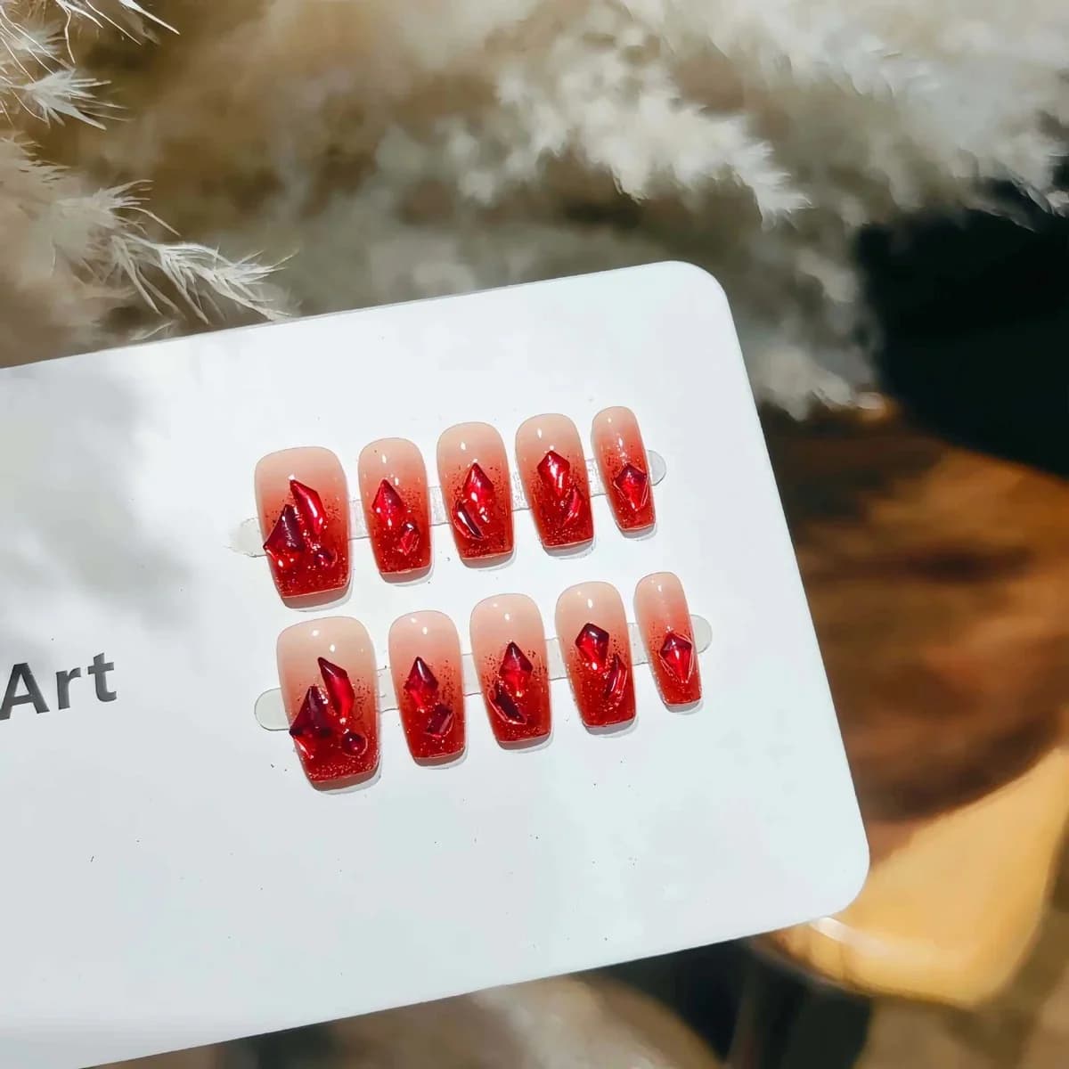 Unhas Postiças Degradê Vermelho com Glitter Formato Coffin Curto