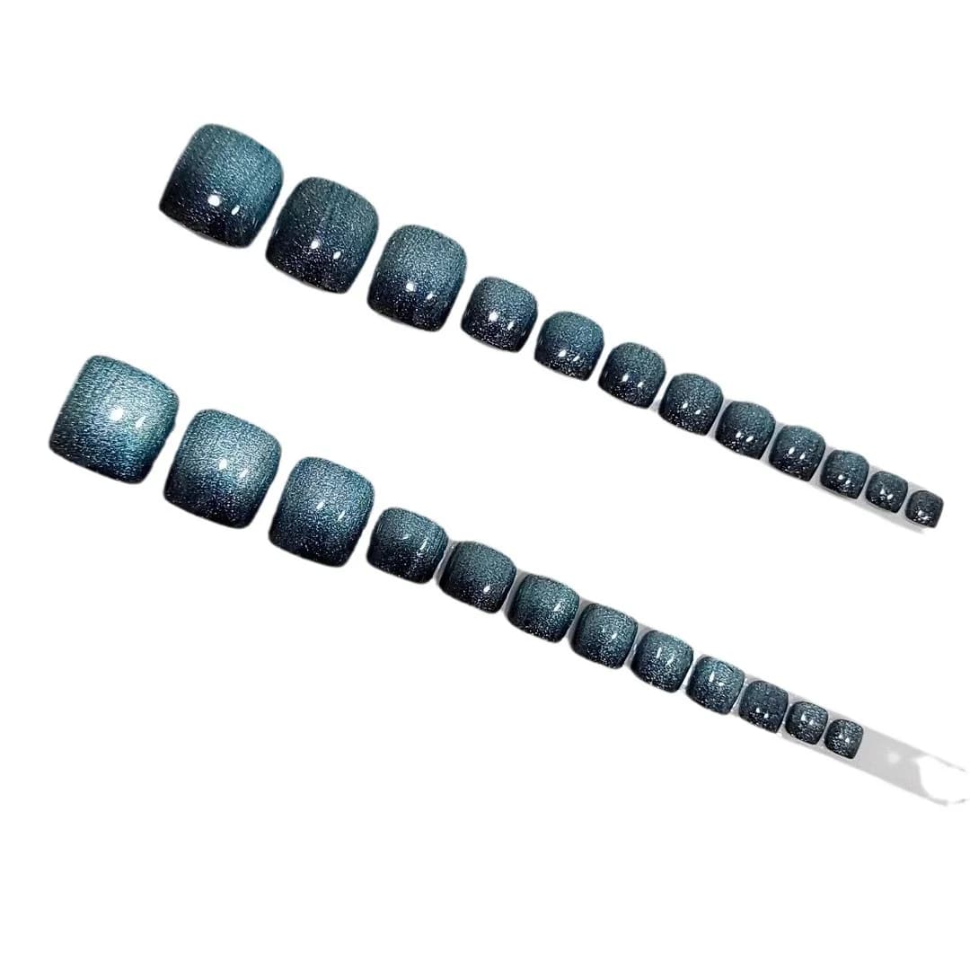 Unhas Postiças Curtas Degradê Preto e Azul Estilo Olho de Gato