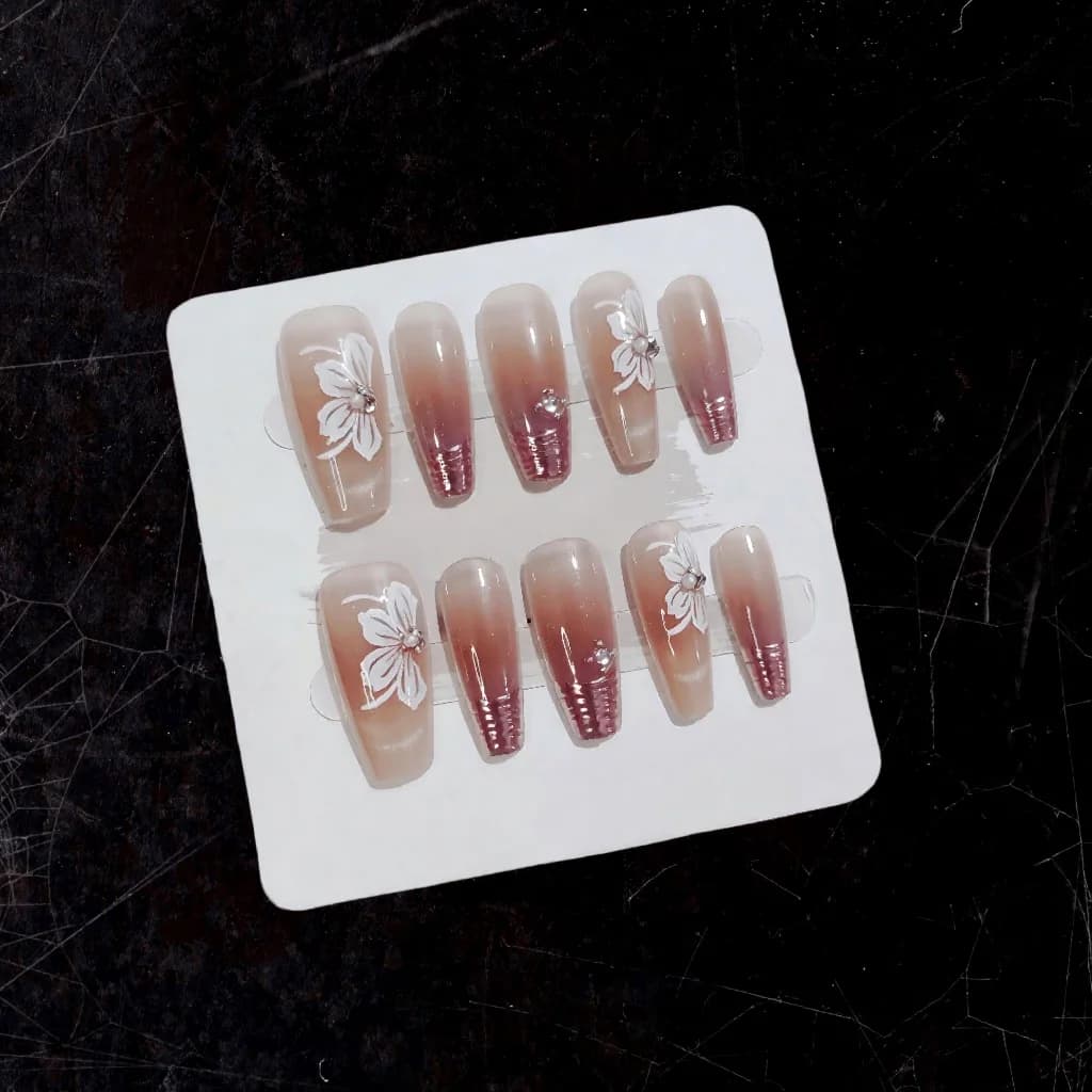 Unhas Postiças Olho de Gato com Flores e Pérolas, 30 Peças
