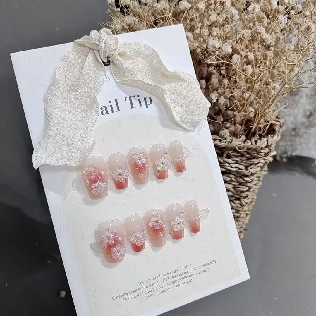 Unhas Postiças Florais Formato Caixão Curto Design Fofo Blush 10 Peças