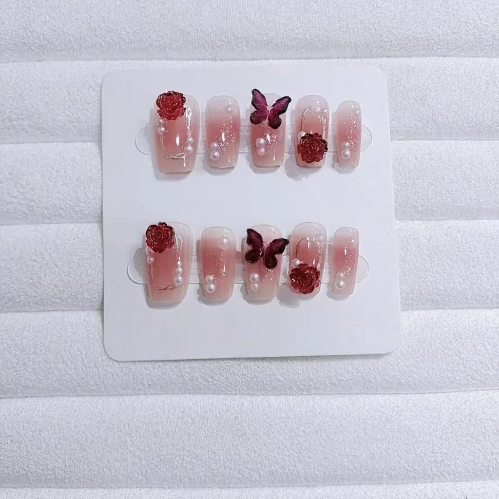 Unhas Postiças Curtas Formato Coffin Degradê Ameixa com Estampa Floral 10 Peças