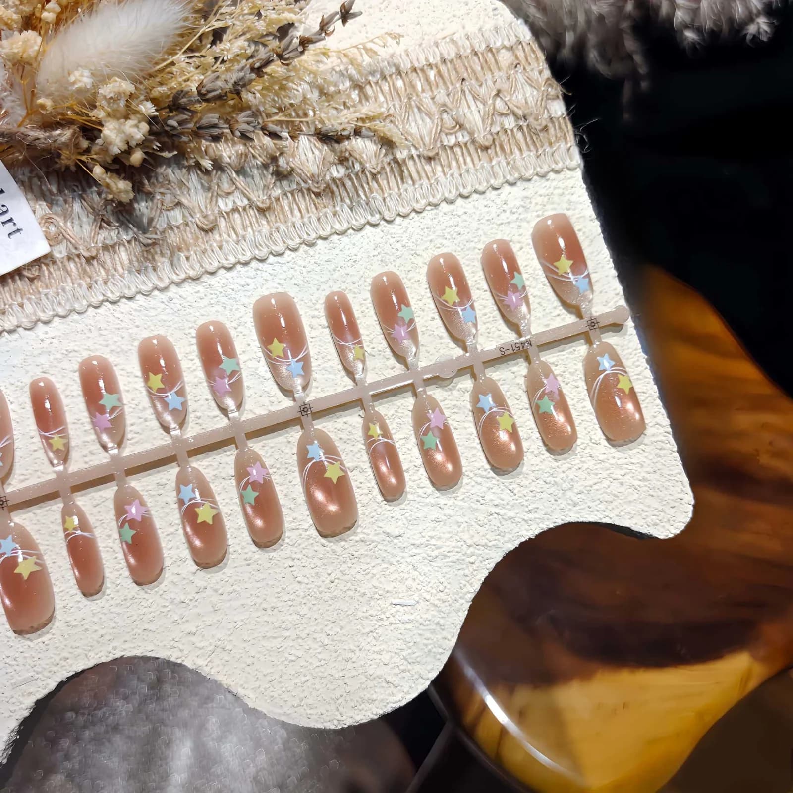 Unhas Postiças Olho de Gato Nude Névoa com Design Estrelado, Reutilizáveis