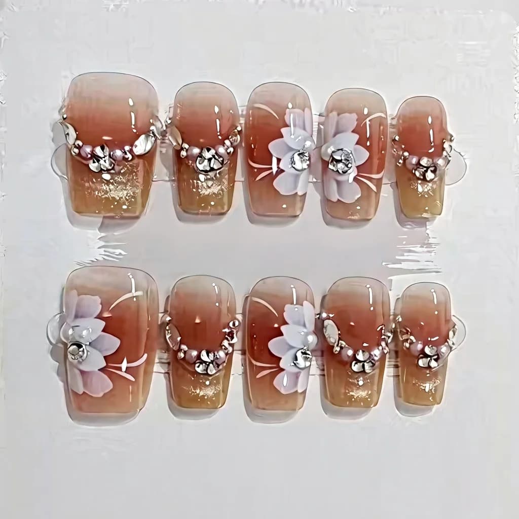 Unhas Postiças Olho de Gato Florais com Estampa de Estrelas