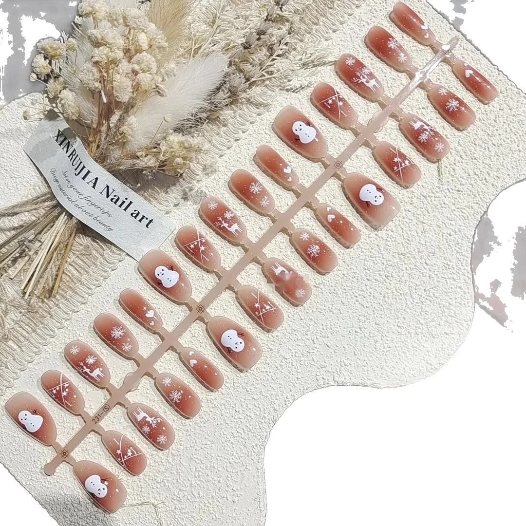 Unhas Postiças Inverno Renas com Design de Flocos de Neve e Blush