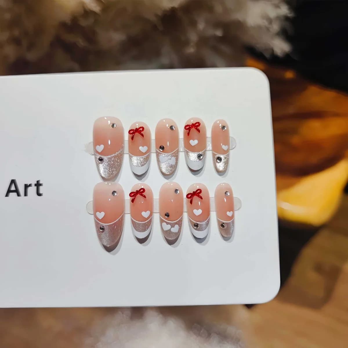 Unhas Postiças French Cat Eye com Design de Borboleta e Coração