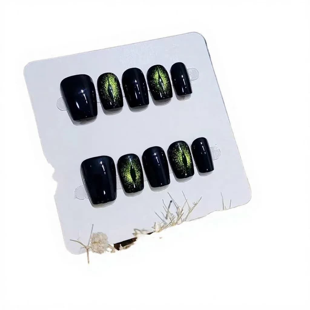 Unhas Postiças Góticas Pretas Curto Formato Caixão com Borboleta 10 Peças
