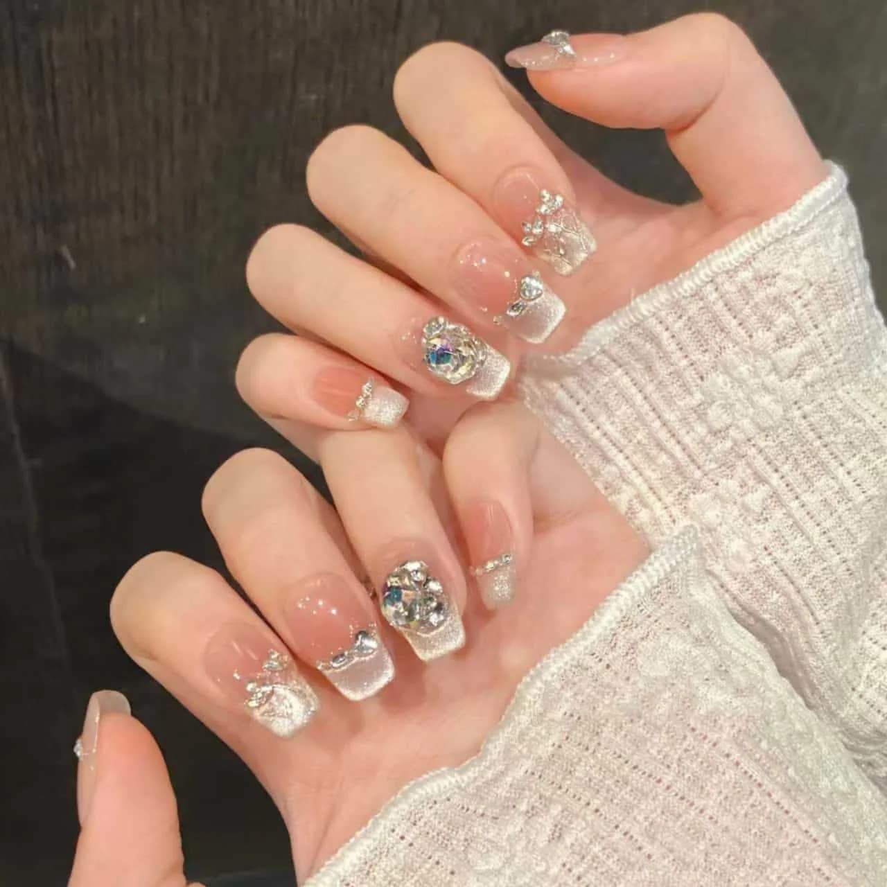 Unhas Postiças Floral Rosa com Glitter Formato Coffin Curto e Strass
