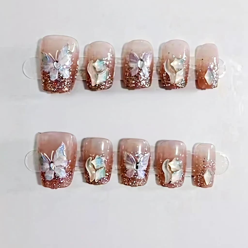 Unhas Postiças Borboleta com Strass, Formato Curto Coffin, 10 Pçs