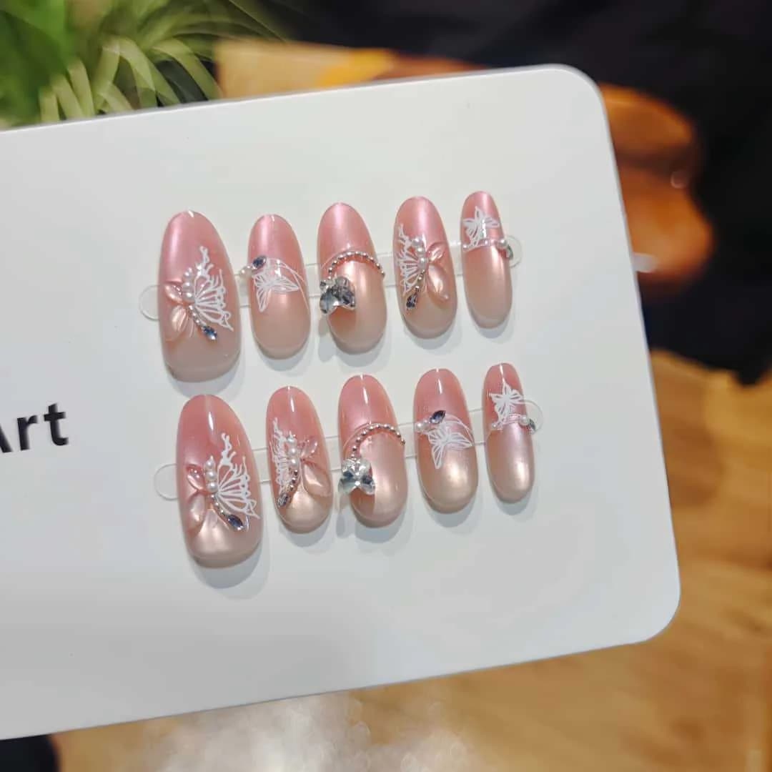 Unhas Postiças Olho de Gato Frutas Vermelhas com Laço e Strass