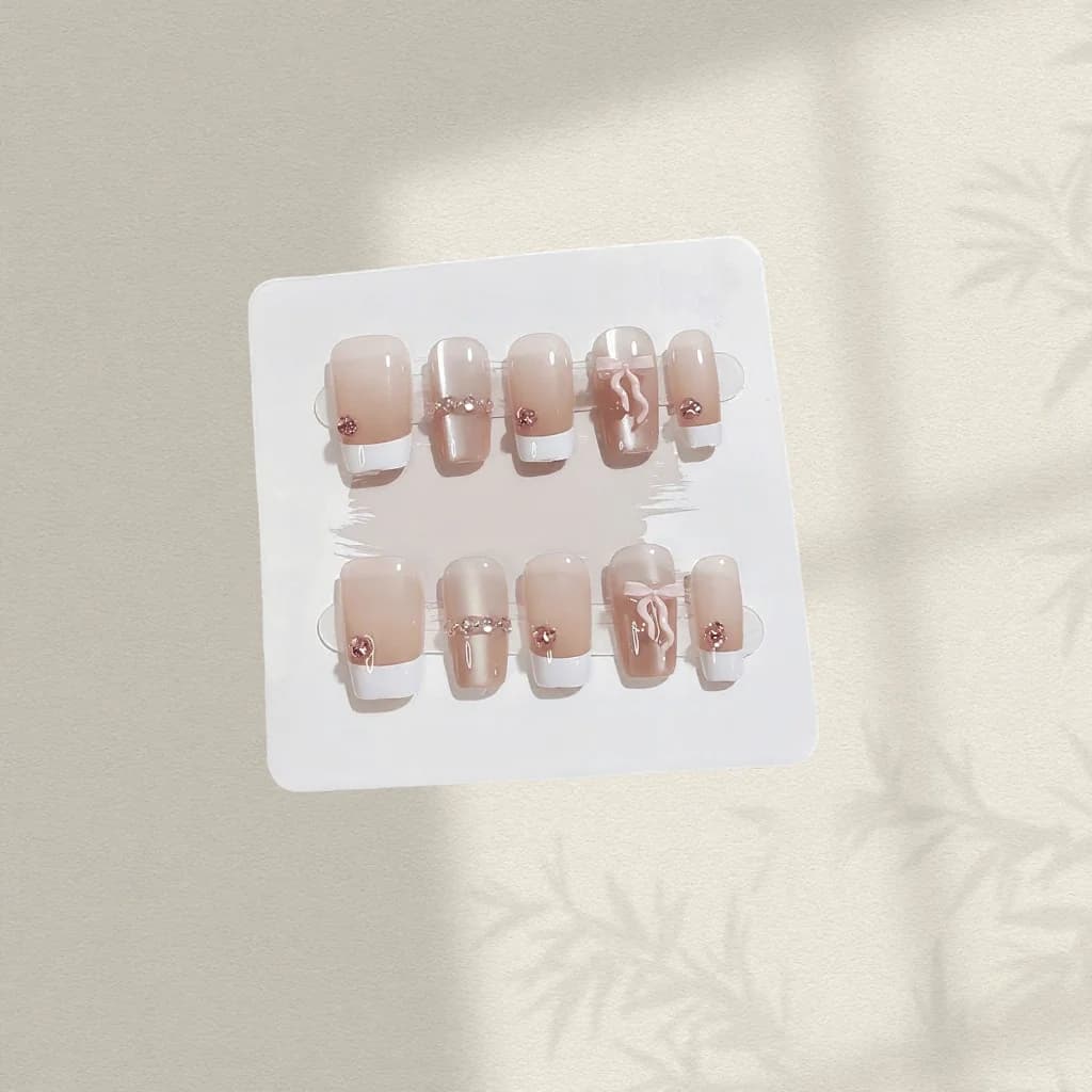 Unhas Postiças Laço Rosa Curto Coffin Ponta Francesa Kit de Manicure