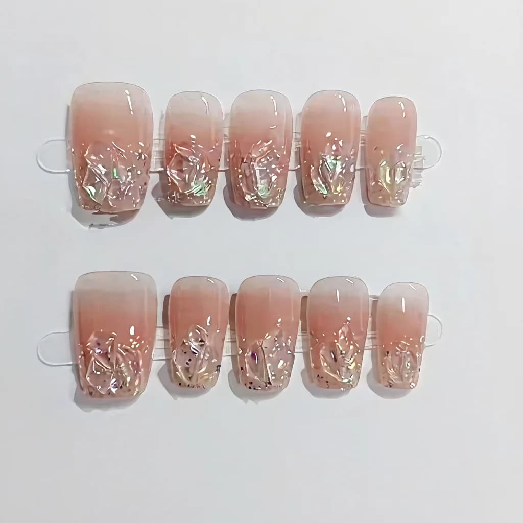 Conjunto de Unhas Postiças Curtas/Médias Formato Coffin com Glitter, Strass e Rosa Blush