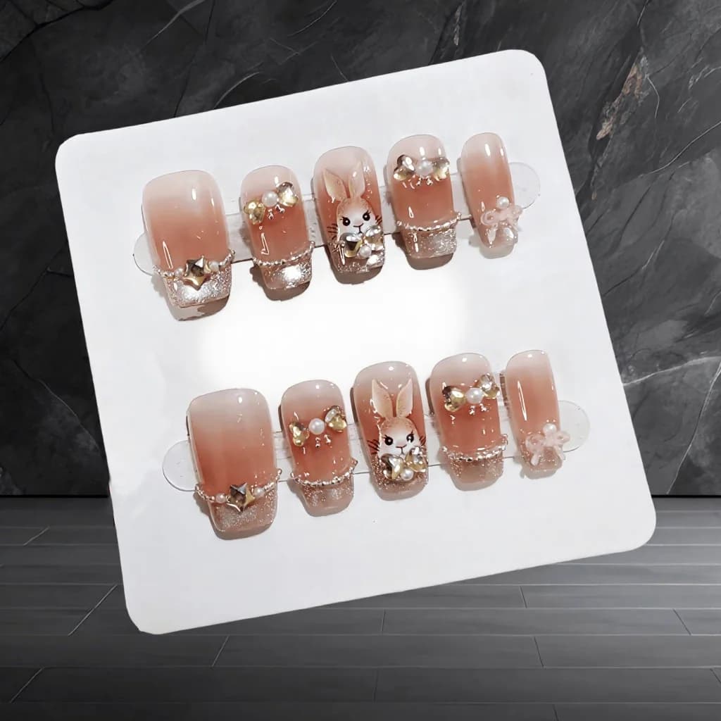 Unhas Postiças Curta Caixão com Glitter Olho de Gato e Coelho de Pedrinha