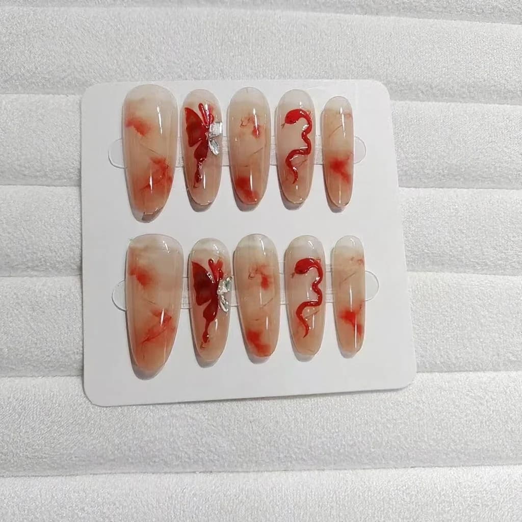 Unhas Postiças Artesanais Design de Borboleta e Cobra Formato Amêndoa Longo
