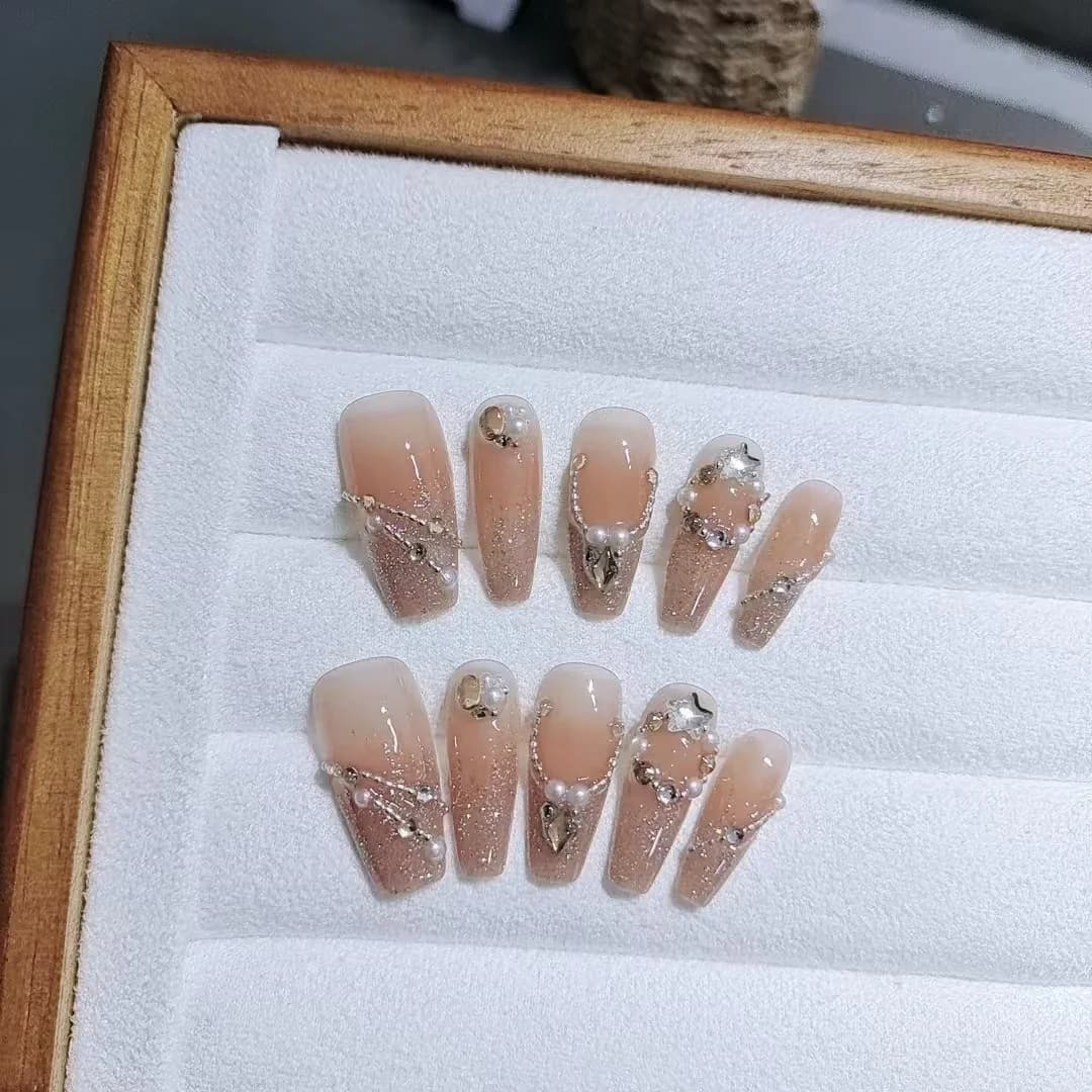Unhas Postiças Céu Estrelado com Strass, 10 Peças