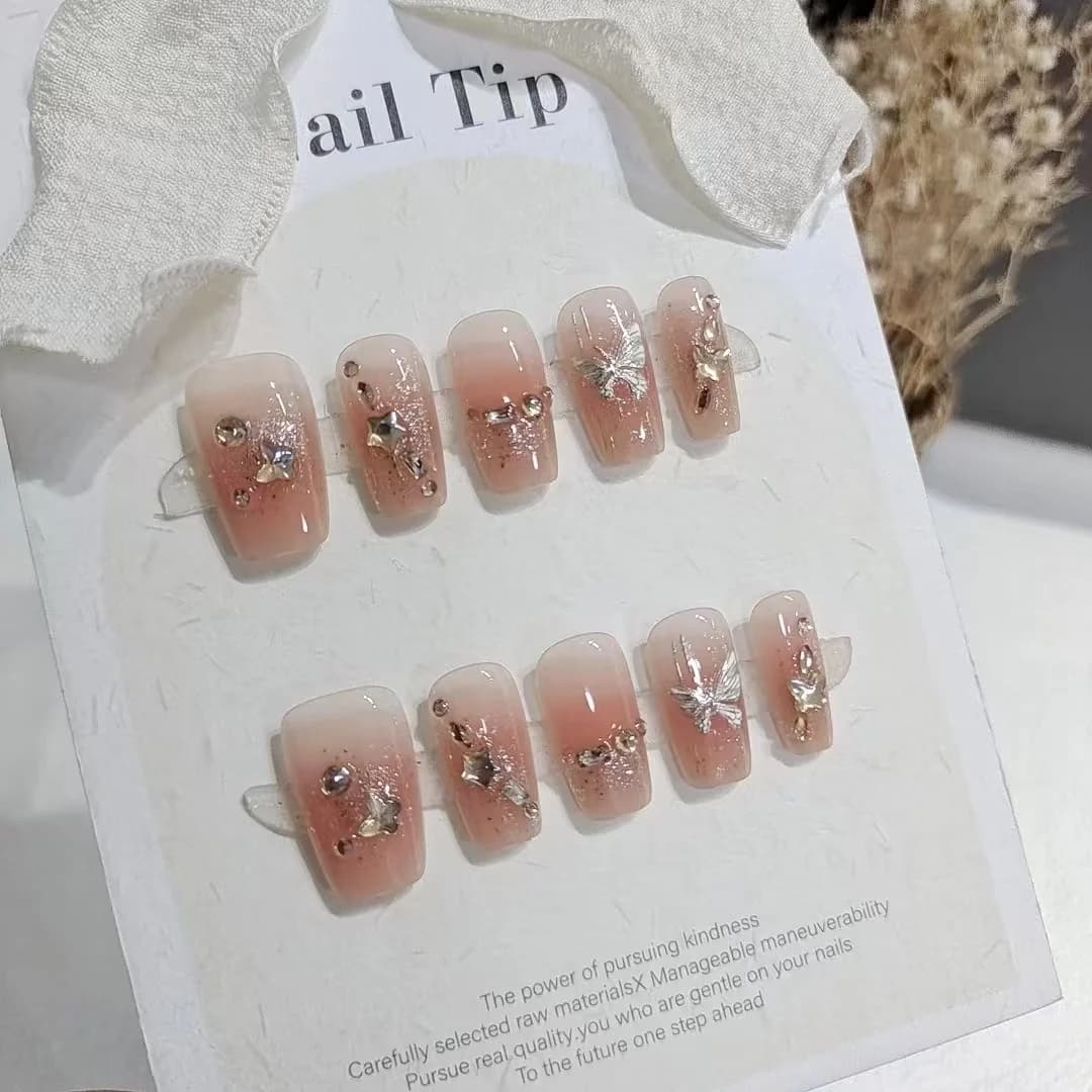 Unhas Postiças com Strass, Borboleta e Estrela, Acabamento Glitter