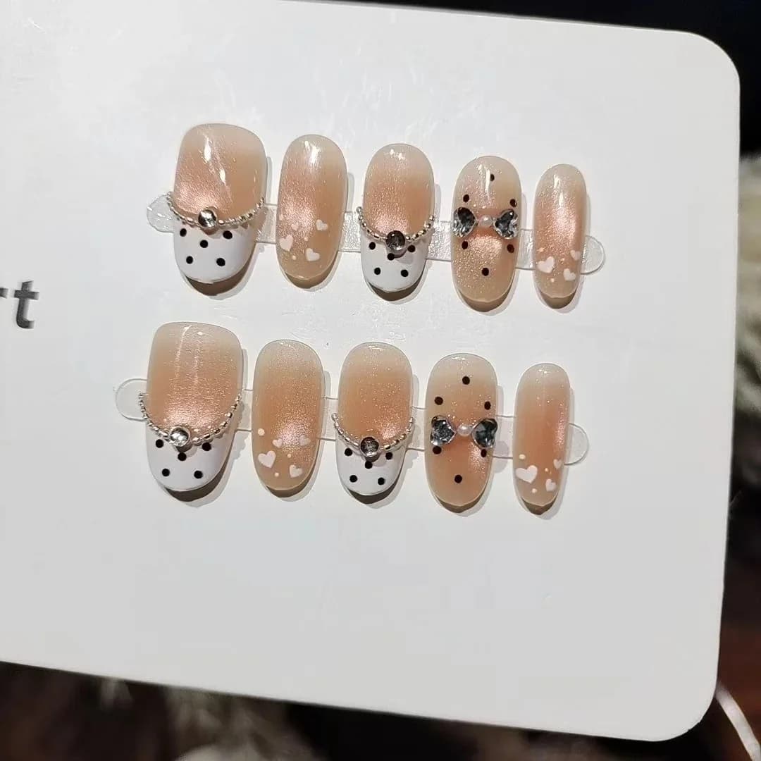 Unhas Postiças Oval Curto com Poá, Pérola e Olho de Gato