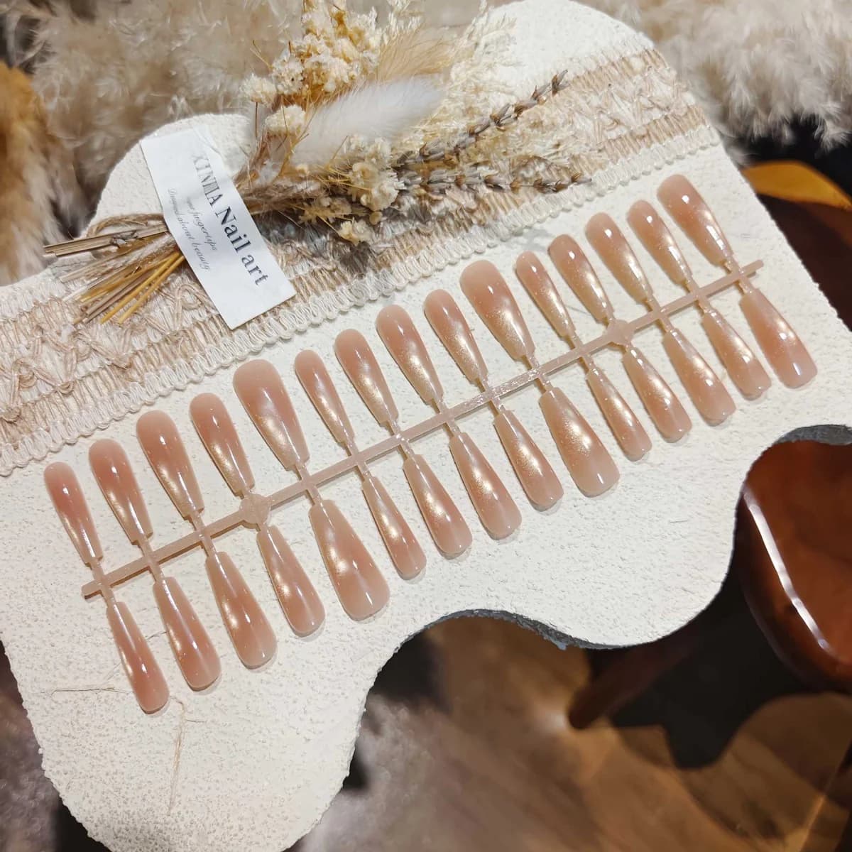 Unhas Postiças Dourado Névoa Efeito Olho de Gato com Glitter e Contas de Vidro