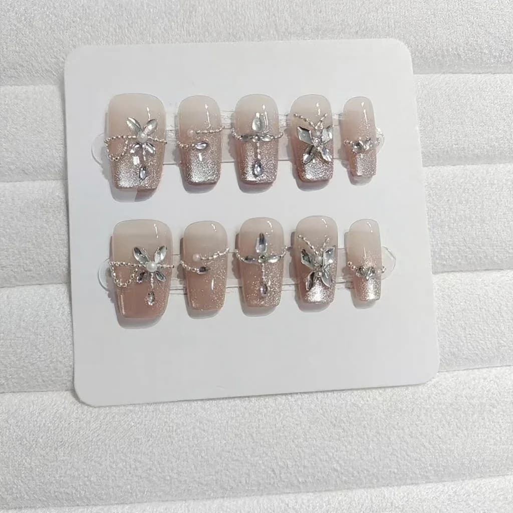 Unhas Postiças Borboleta Cristal de Gelo com Strass, Kit de Manicure com Glitter