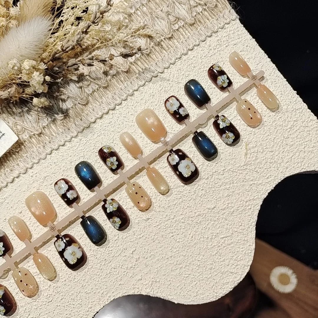 Unhas Postiças Olho de Gato com Contas de Vidro, Estilo Outono