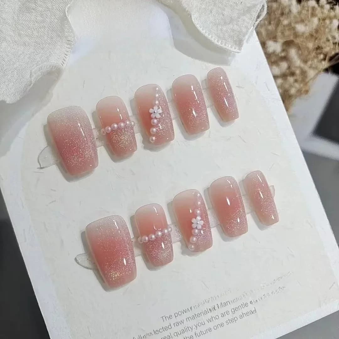 Unhas Postiças Curtas Trapézio com Círculos Arco-Íris e Pérolas, 10 Peças