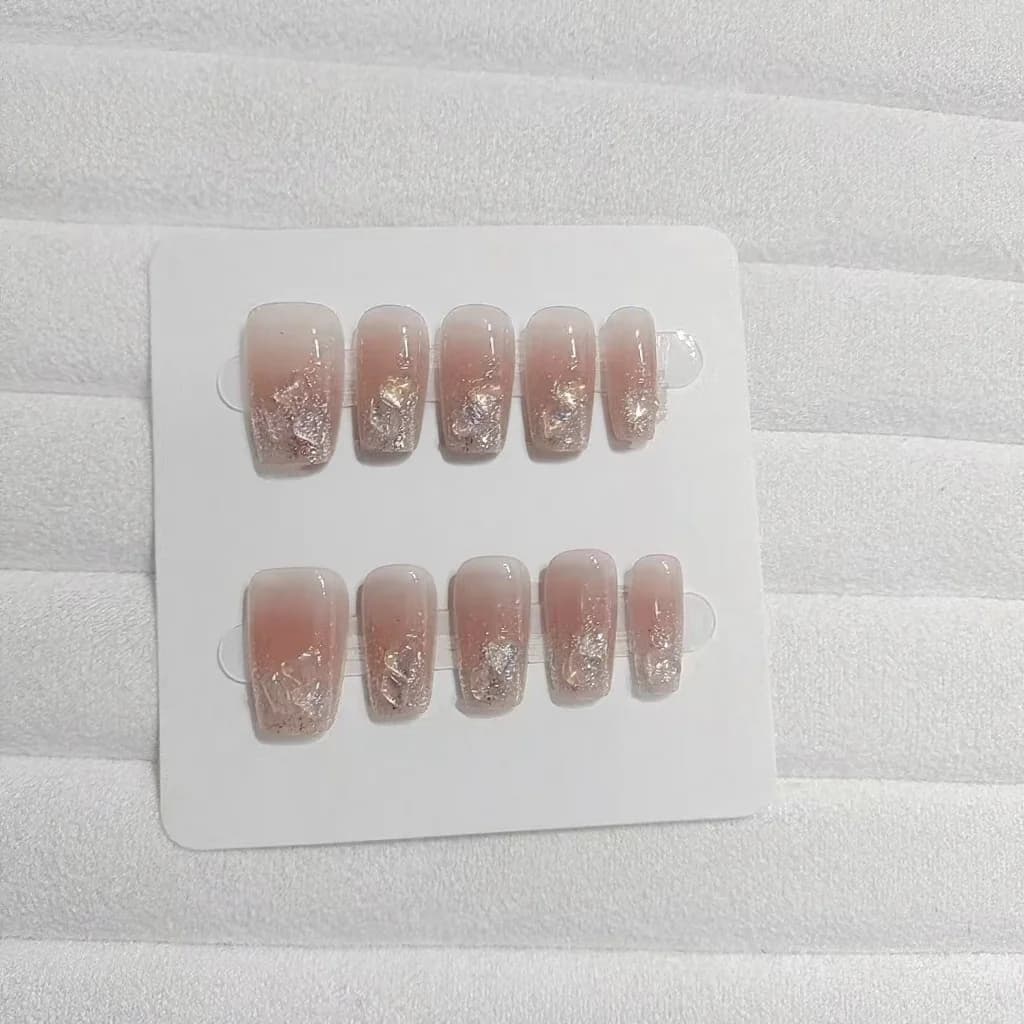 Unhas Postiças Rosa com Strass em Forma de Coração Formato Curto Médio Caixão