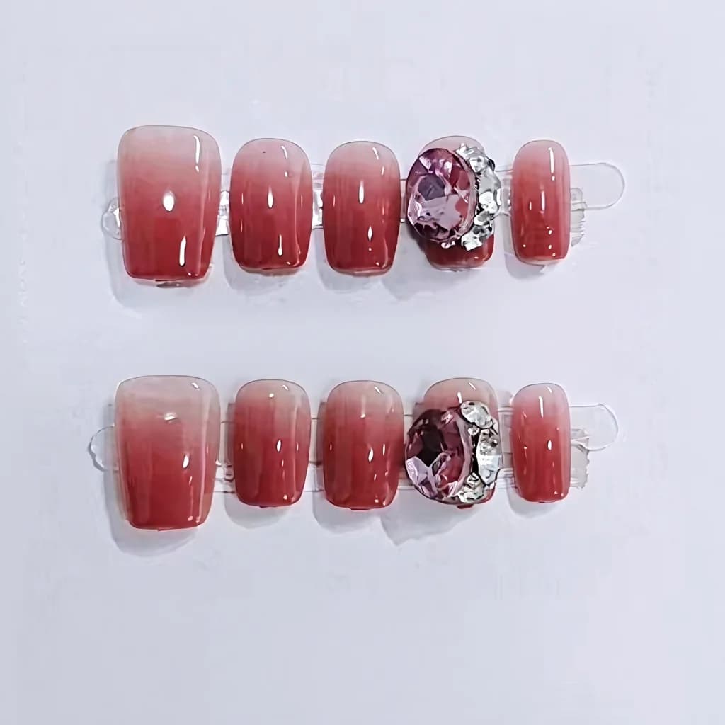 Unhas Postiças Gradiente Floresta de Rosas com Grandes Strass, Formato Curto Coffin