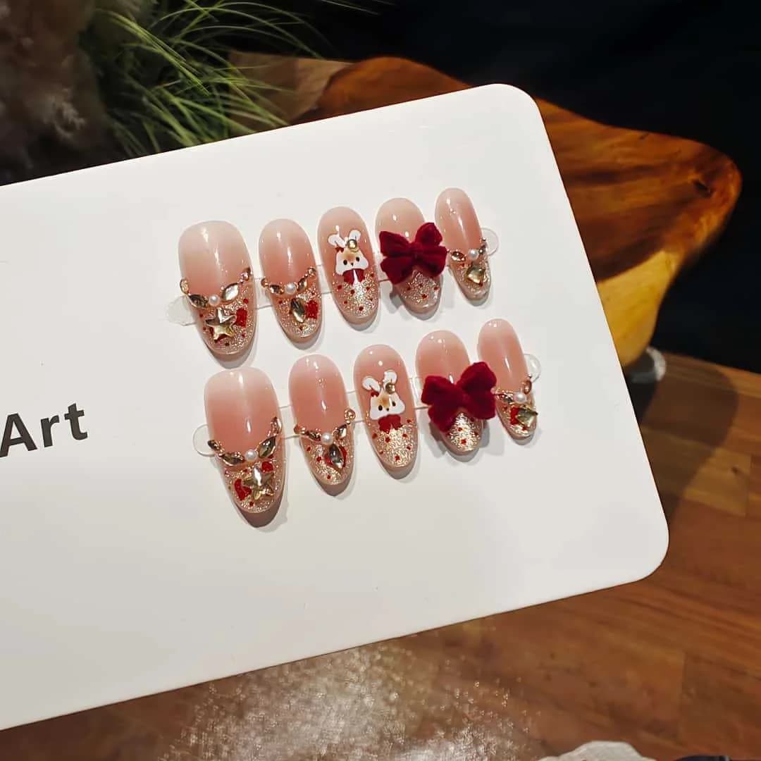 Unhas Postiças Cat Eye Francesinha com Strass e Laço