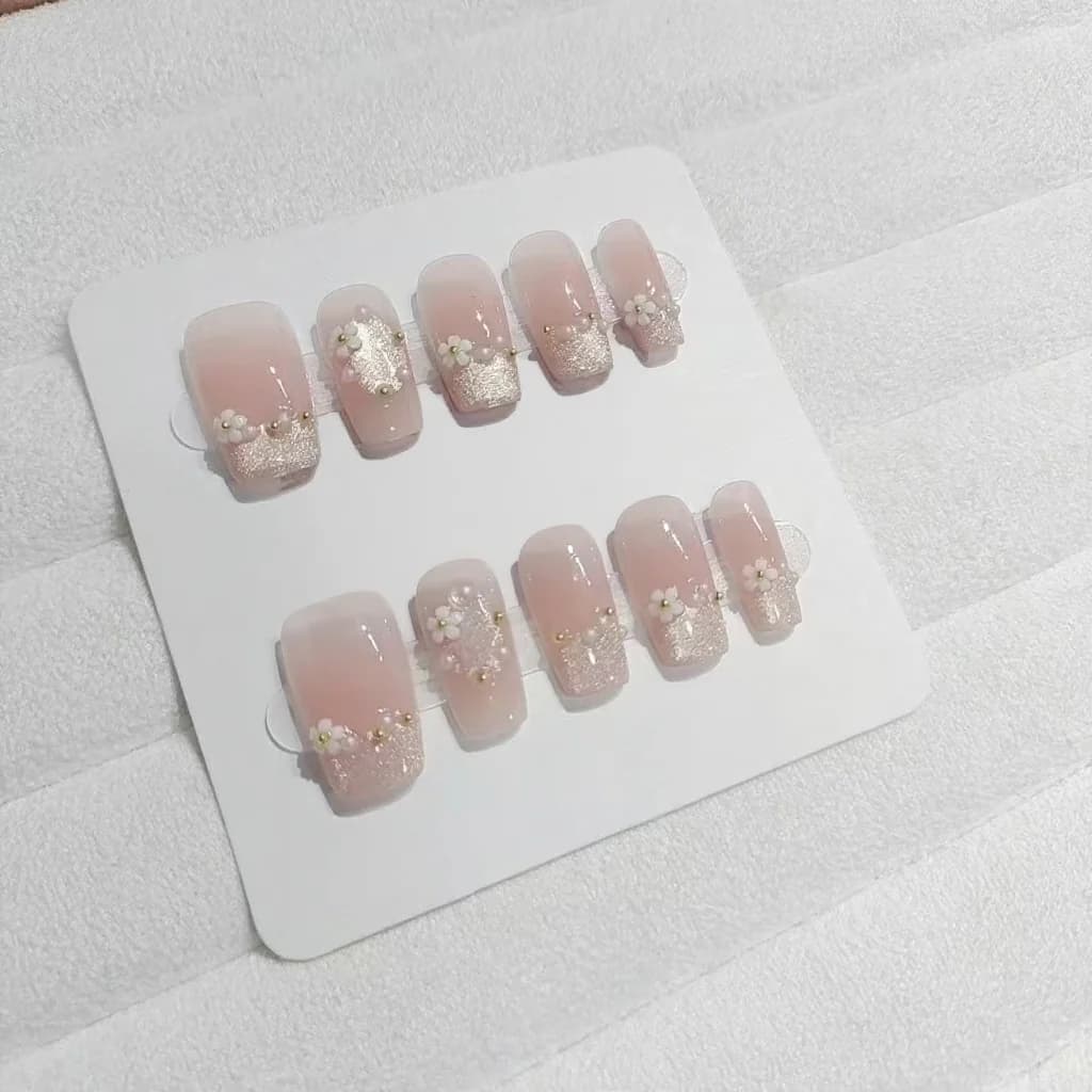 Unhas Postiças Caixão Curto Floral Strass Design 10 Peças