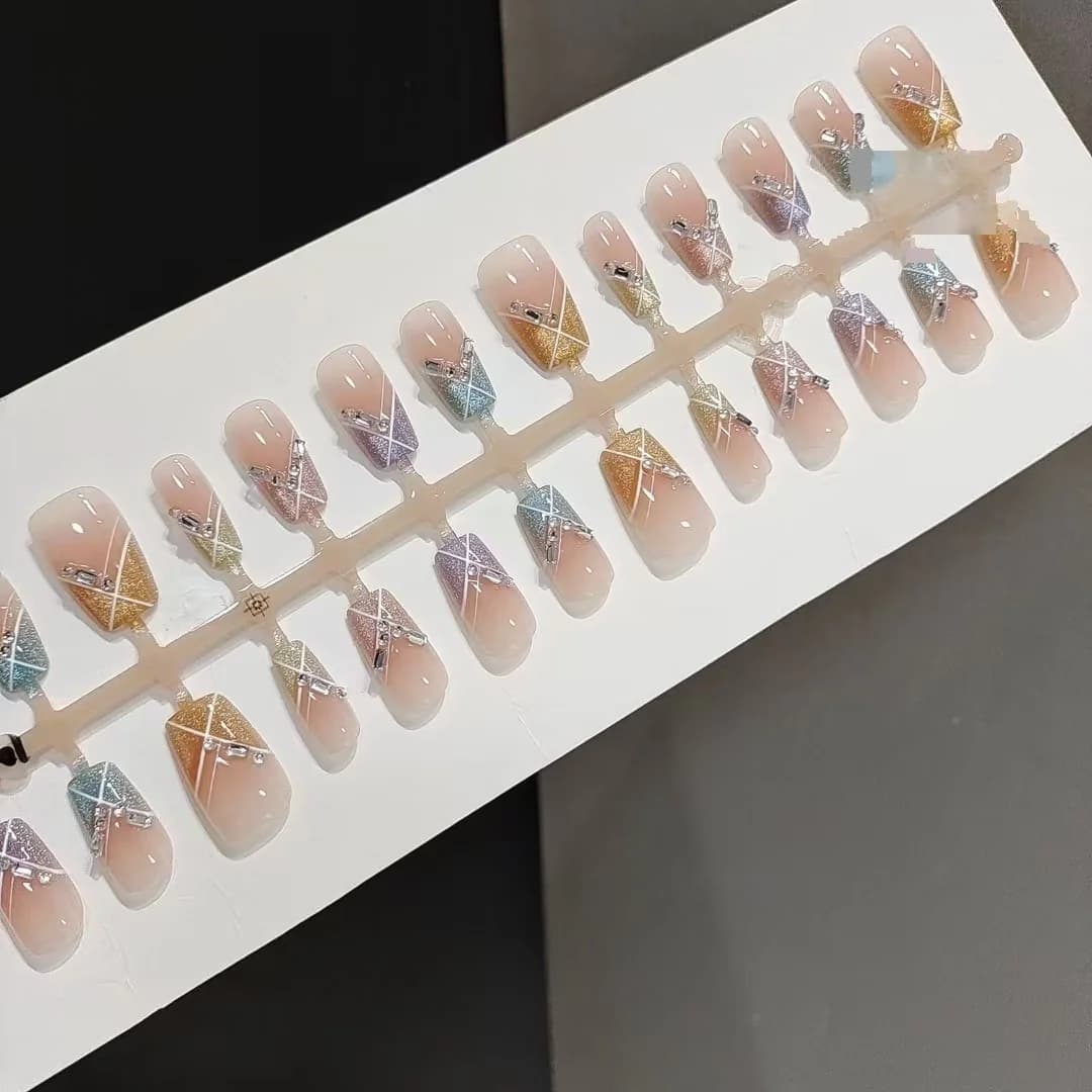 Unhas Postiças Festa Candy Curtas Quadradas Arco-Íris Olho de Gato com Strass