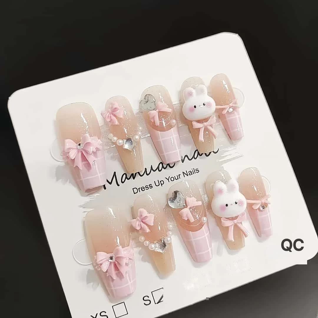 Unhas Postiças Cofo Médias com Coelho Rosa Fofo - 30 Unidades