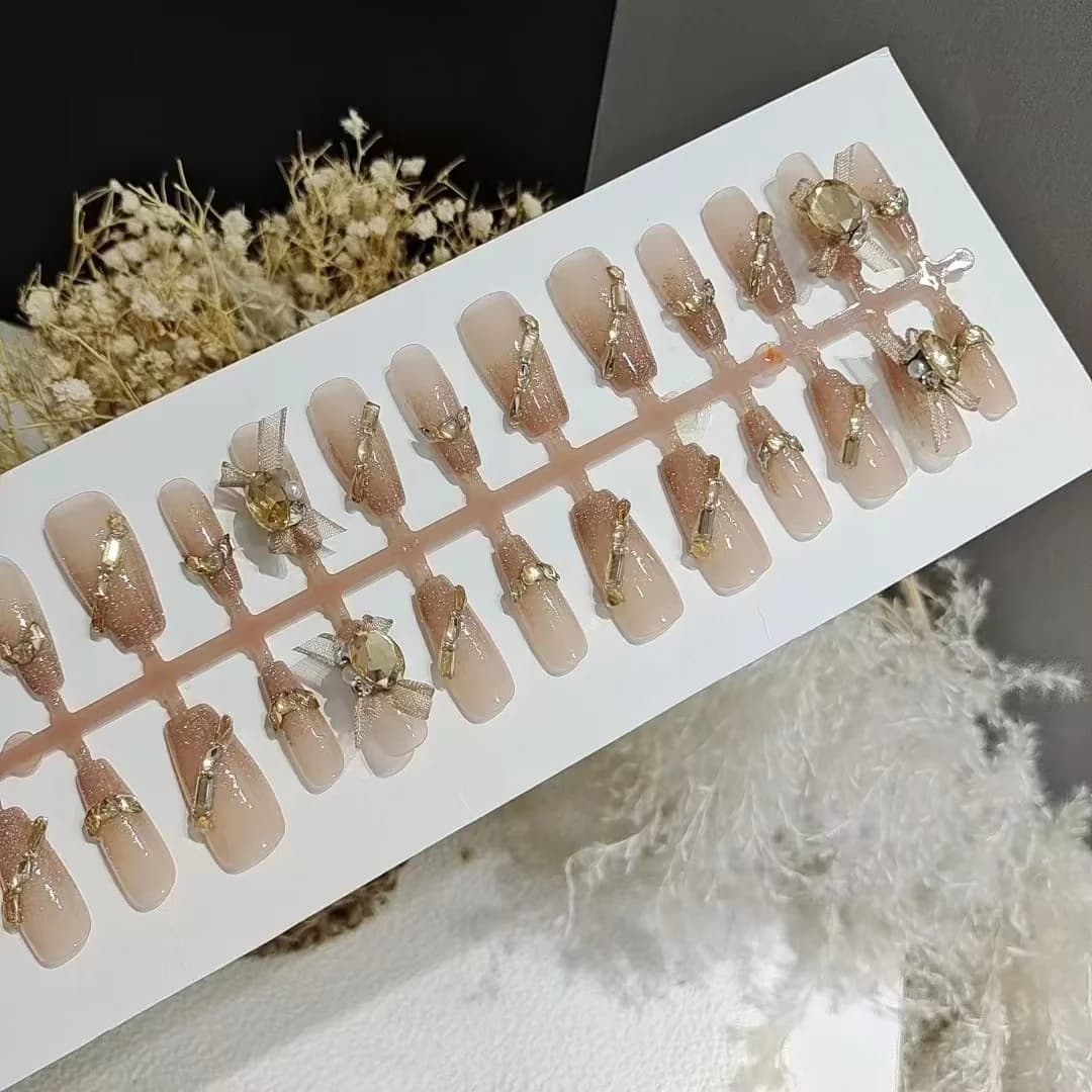 Unhas Postiças com Tela de Organza e Strass, 30 Peças