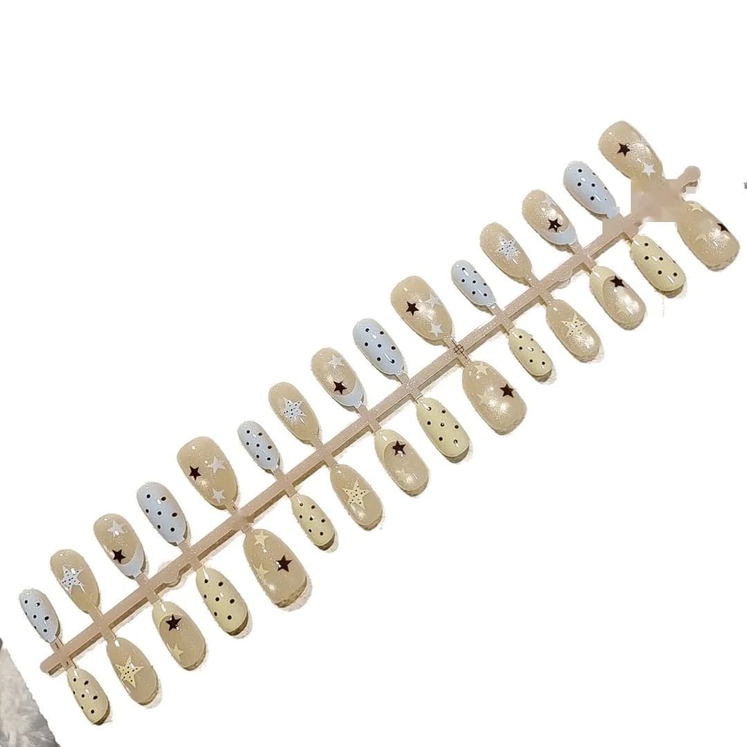Unhas Postiças Cat Eye Bolinhas, Formato Oval Curto com Ponta Francesa e Contas de Vidro