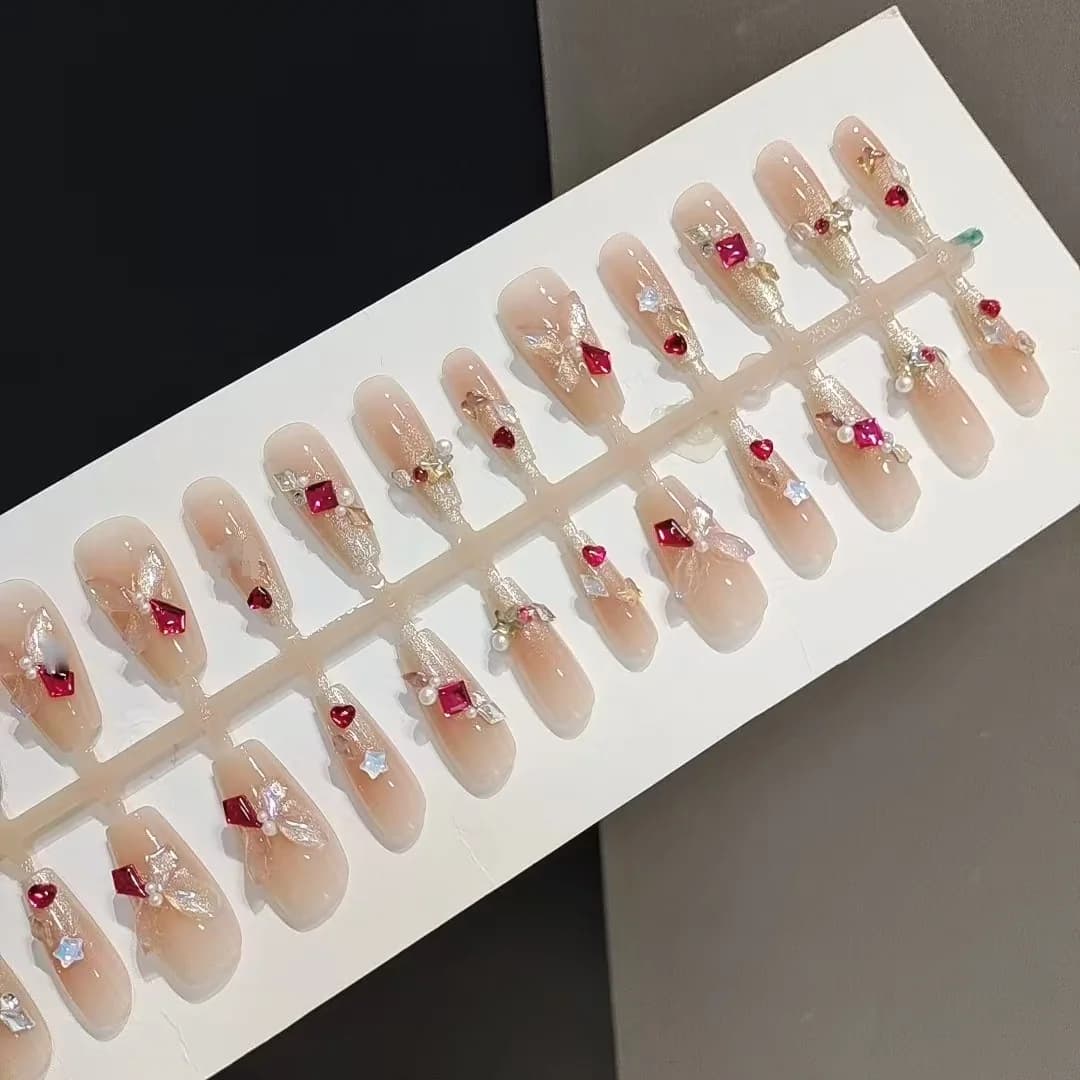 Unhas Postiças Borboleta com Strass, 30 Peças, Formato Caixão Médio