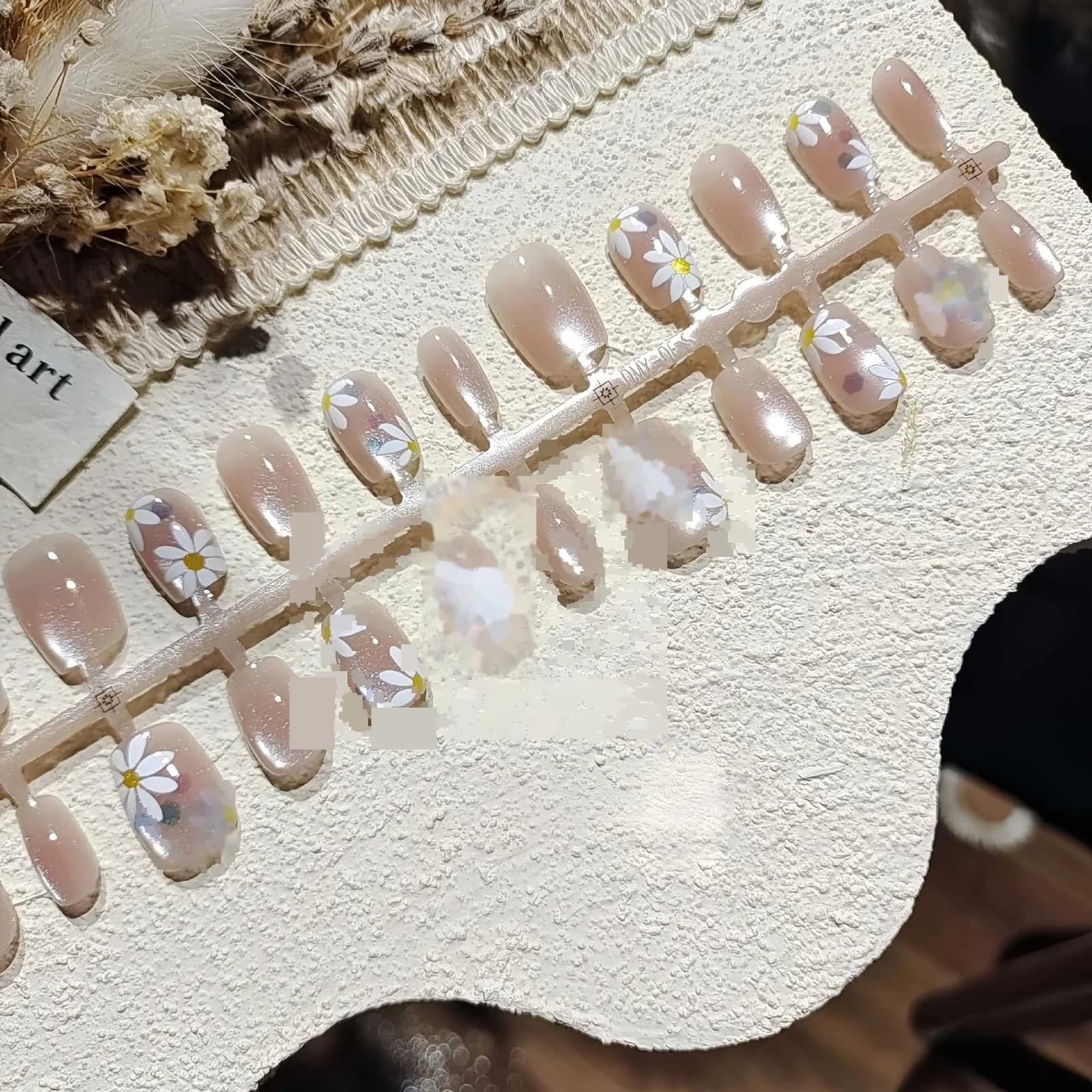 Unhas Postiças Olho de Gato com Margaridas Rosas, Formato Bailarina Curto
