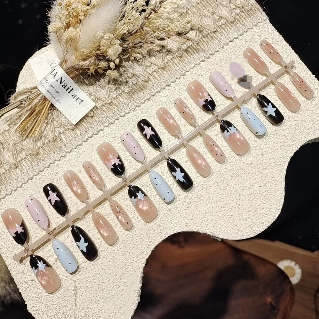 Unhas Postiças Olho de Gato com Estrelas e Bolinhas, Manicure Estilo Doce