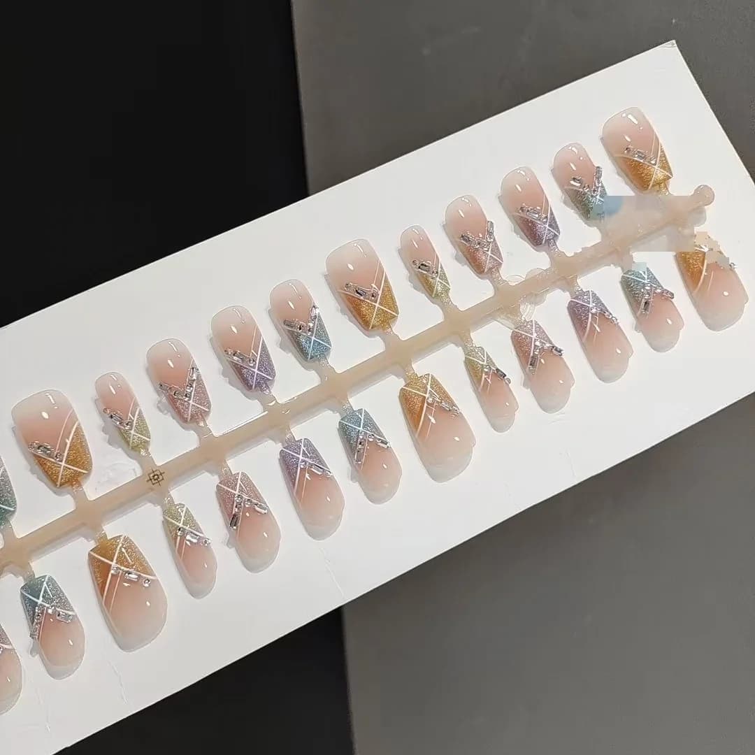 Unhas Postiças Festa Candy Curtas Quadradas Arco-Íris Olho de Gato com Strass