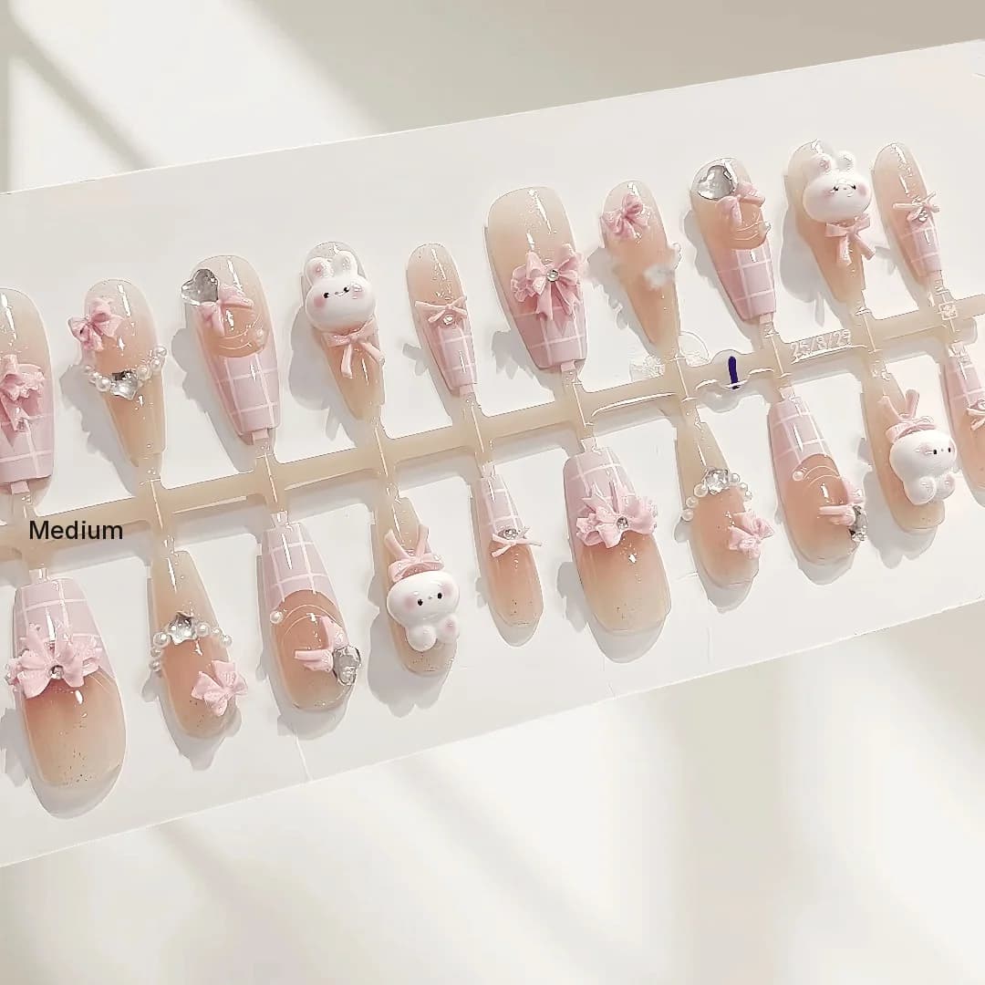 Unhas Postiças Cofo Médias com Coelho Rosa Fofo - 30 Unidades