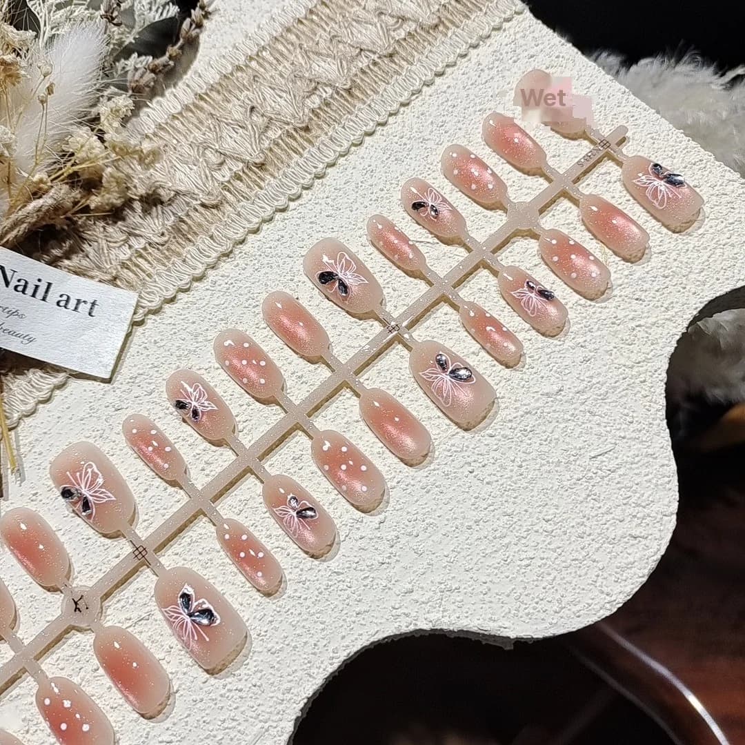 Unhas Postiças Efeito Olho de Gato com Contas de Vidro e Strass