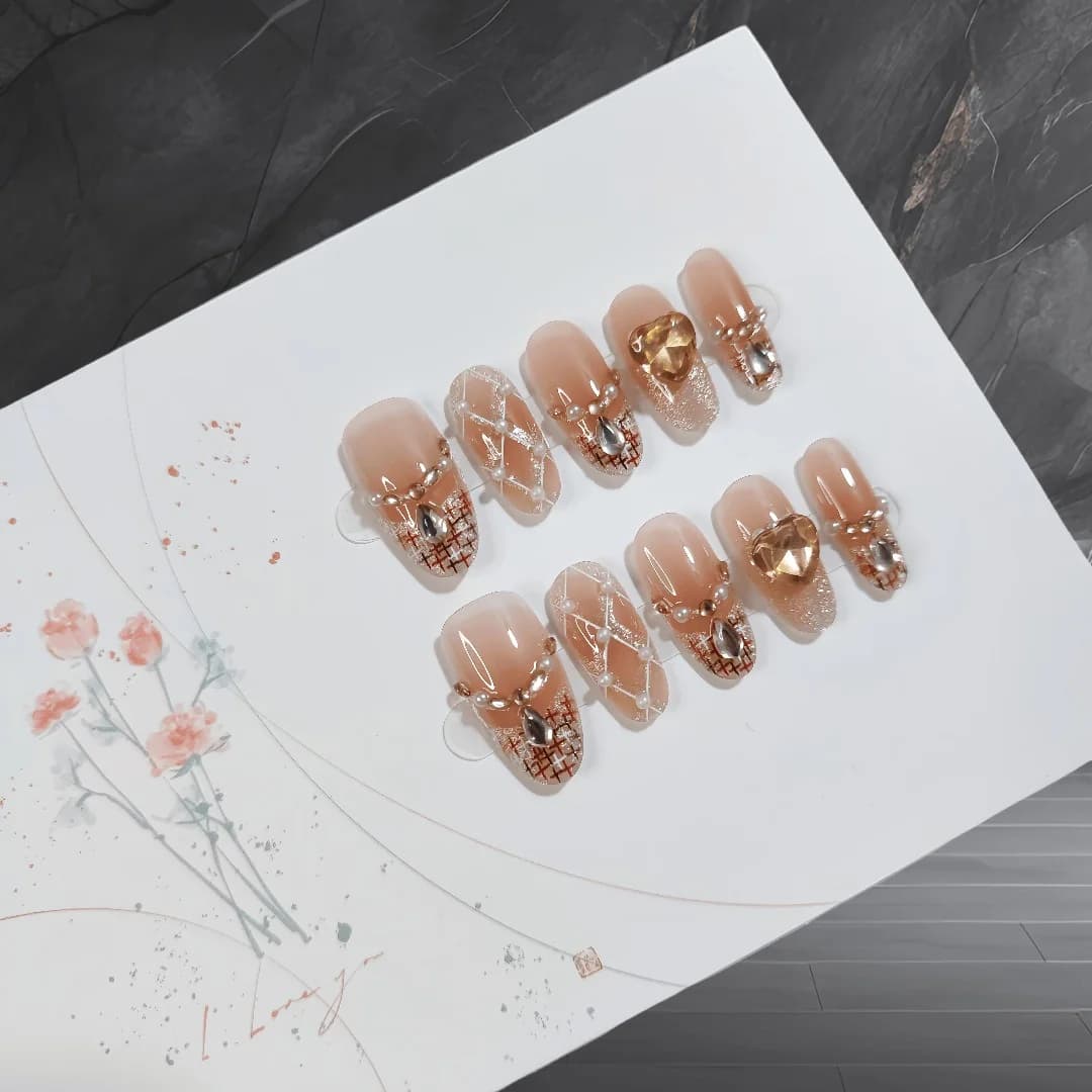 Unhas Postiças Oval Médio Olho de Gato Glitter Pérola 30 Peças
