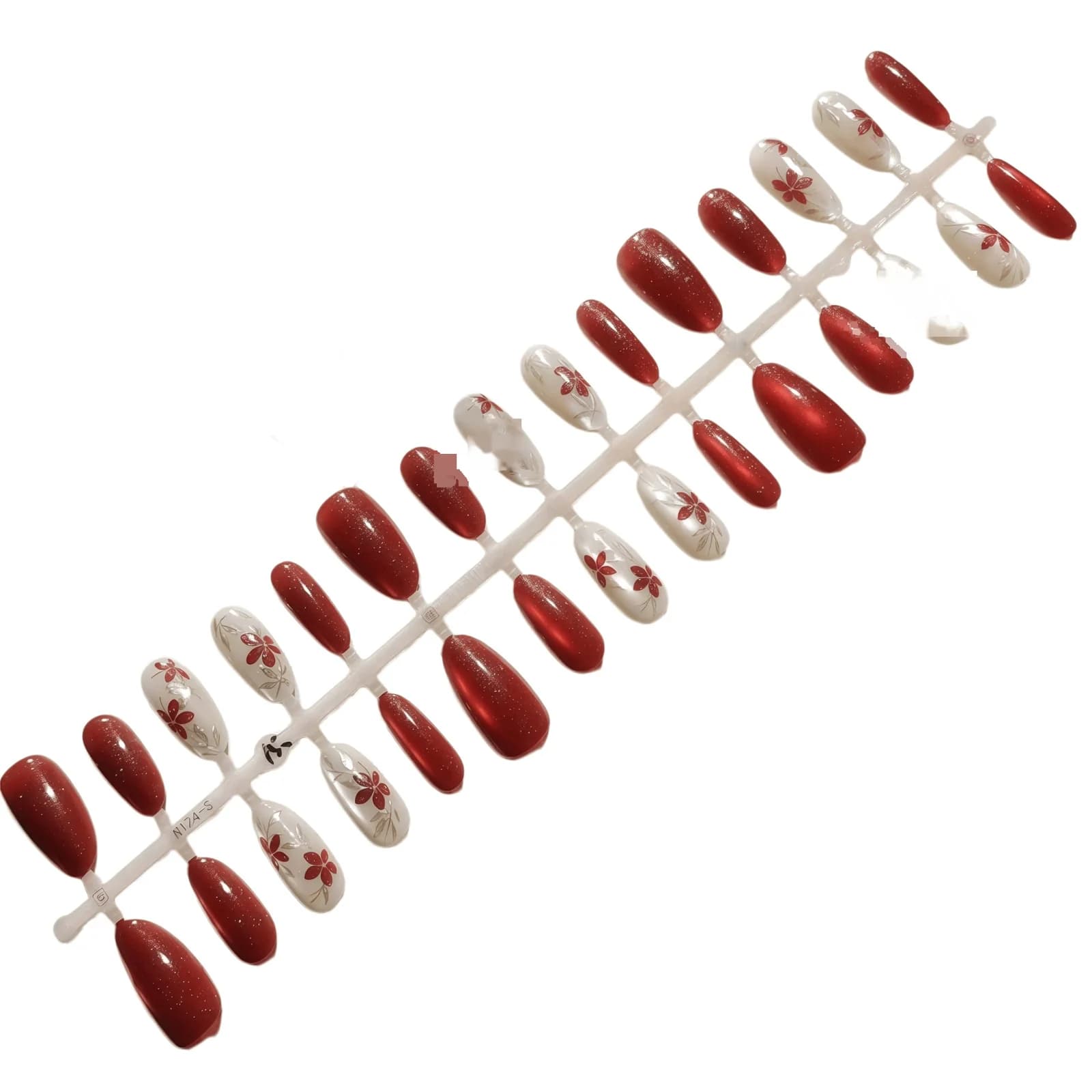 Unhas Postiças Cat Eye Oval Médias, Gradiente Ameixa Vermelho com Glitter