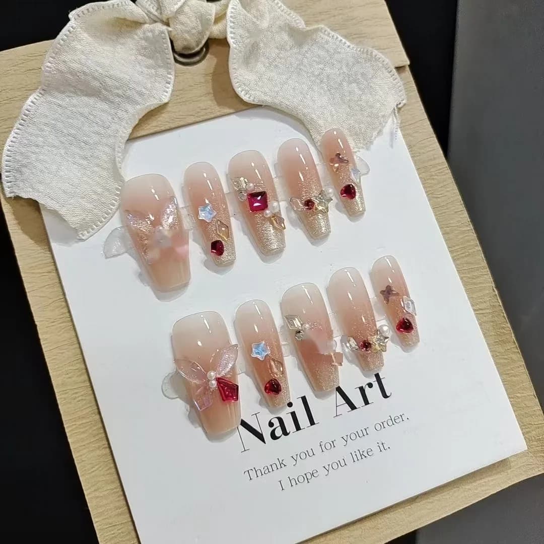Unhas Postiças Borboleta com Strass, 30 Peças, Formato Caixão Médio