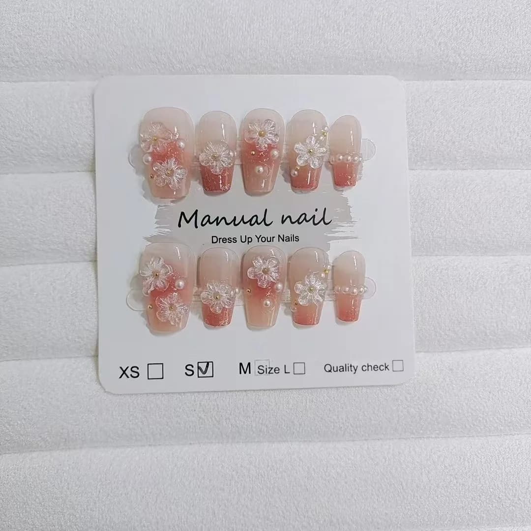 Unhas Postiças Florais Formato Curto Caixão Design Fofo Blush 10 Peças